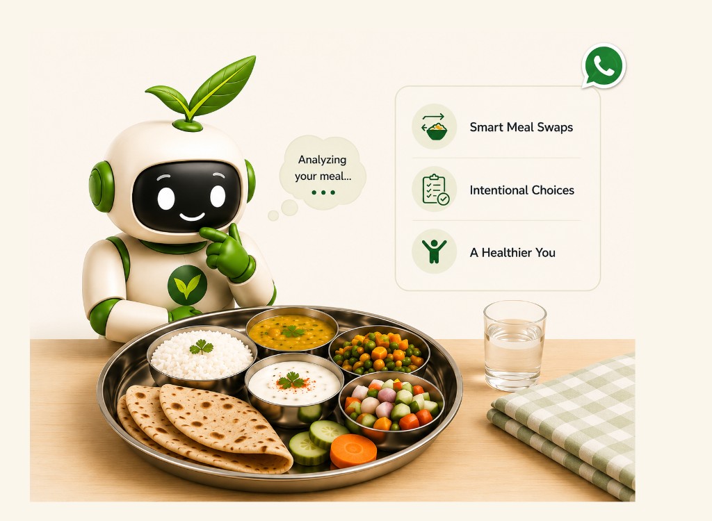 ThaliCheck bot thinking beside an Indian meal with smart meal swaps, intentional choices, and healthier you guidance