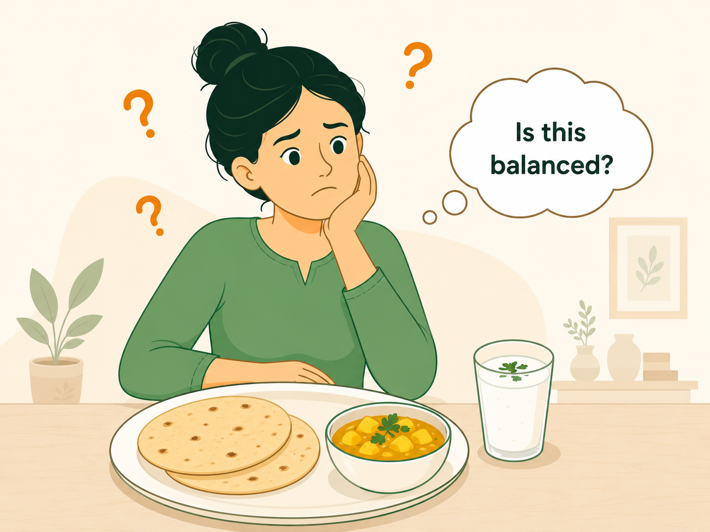 A confused person looking at roti, aloo sabzi, and buttermilk while wondering if the meal is balanced.
