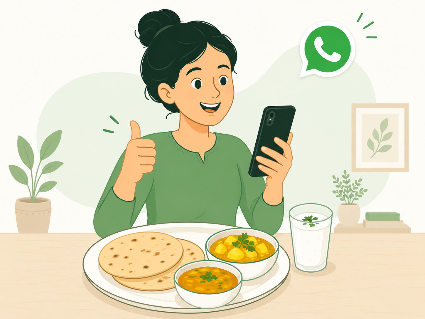 A smiling person holding a phone after ThaliCheck suggests adding dal to roti, aloo sabzi, and buttermilk as a protein anchor.